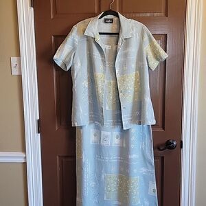 Positive Attitude-Linen 2 pc. Aqua blue print top with sleeveless dress Size L.